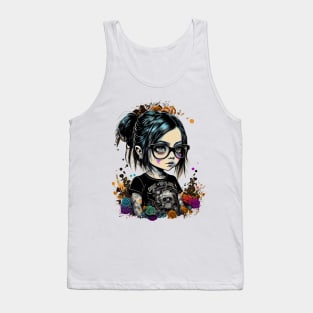 Cartoon little girl with glasses in gothic style at school Tank Top